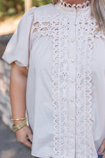 ecru ivory lace crochet pearl button top