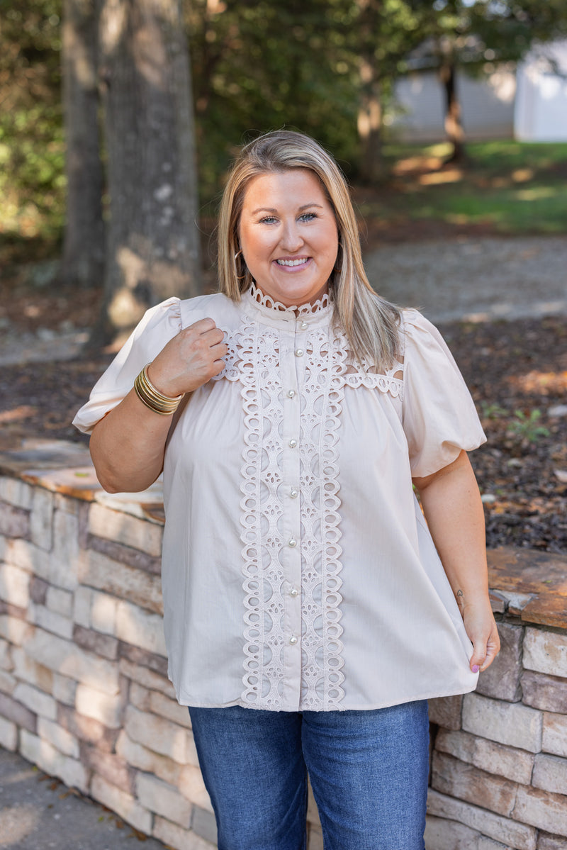 ecru ivory lace crochet pearl button top