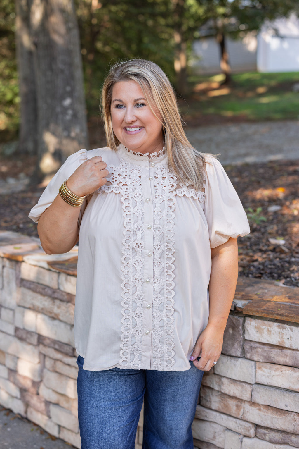 ecru ivory lace crochet pearl button top