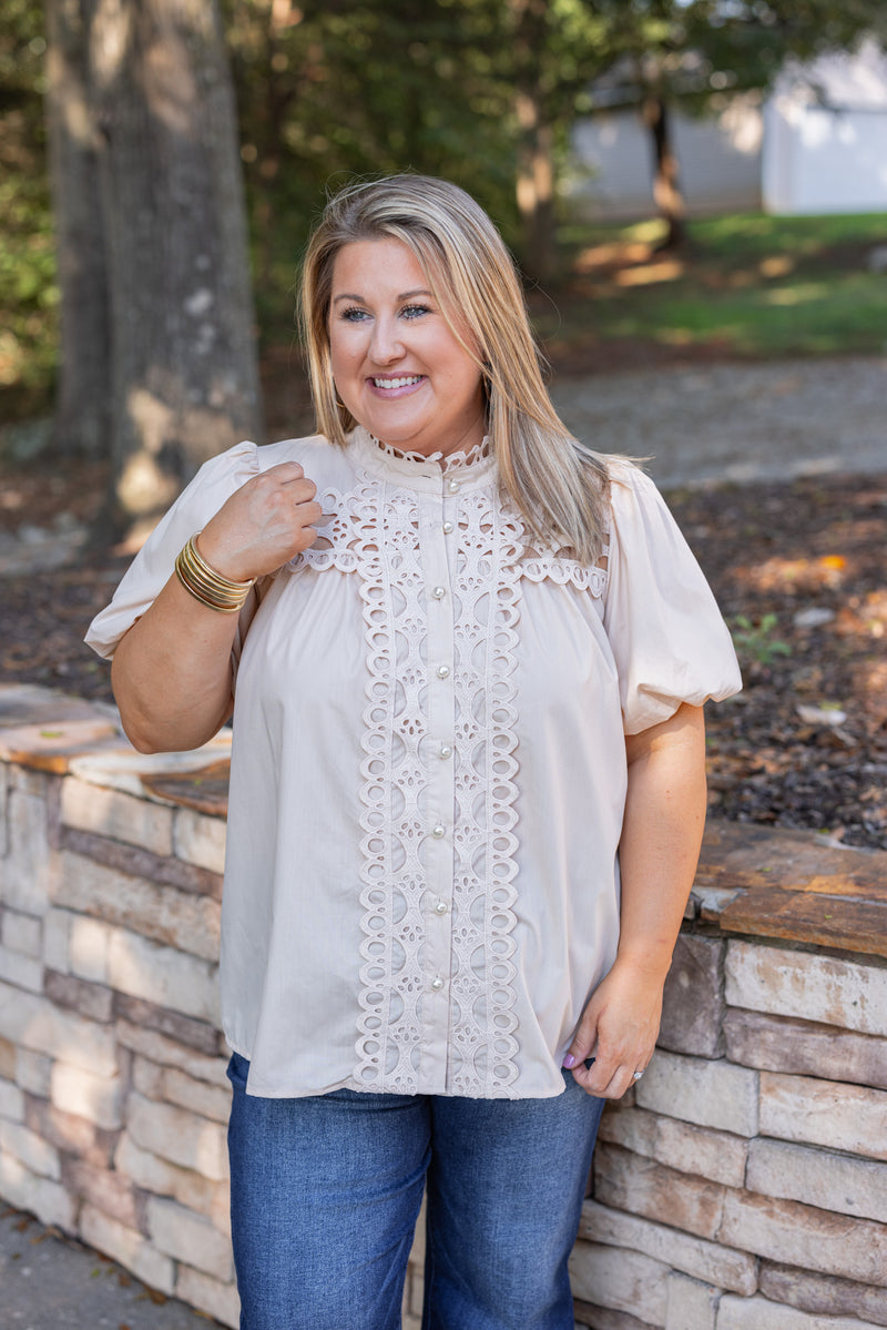 ecru ivory lace crochet pearl button top