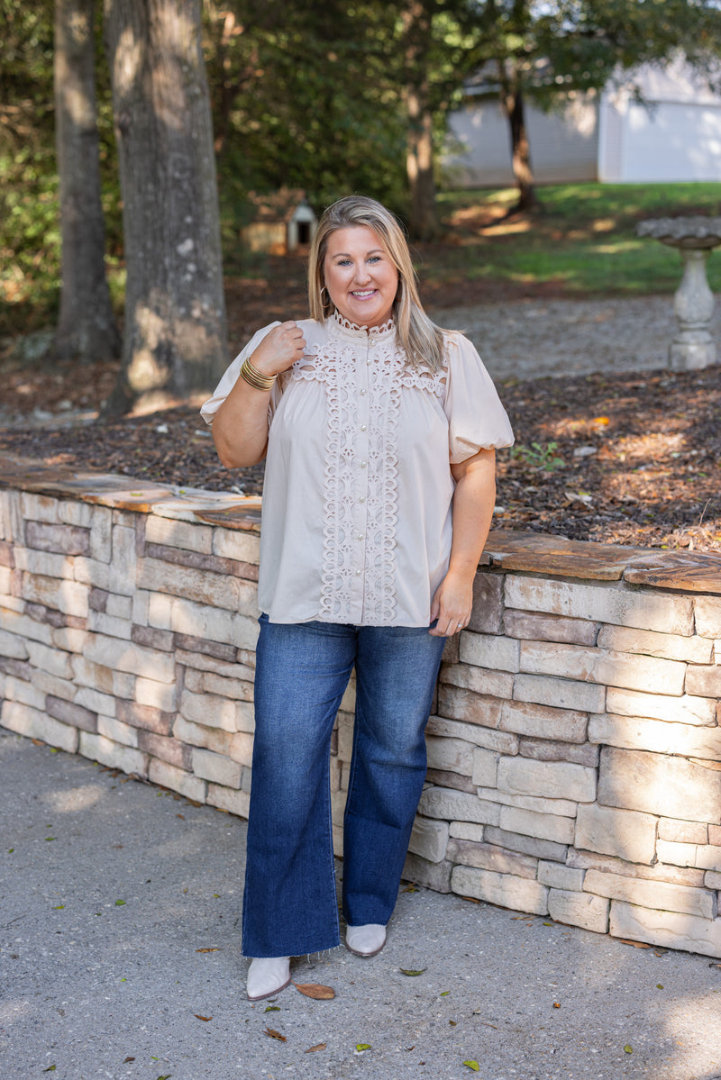 ecru ivory lace crochet pearl button top