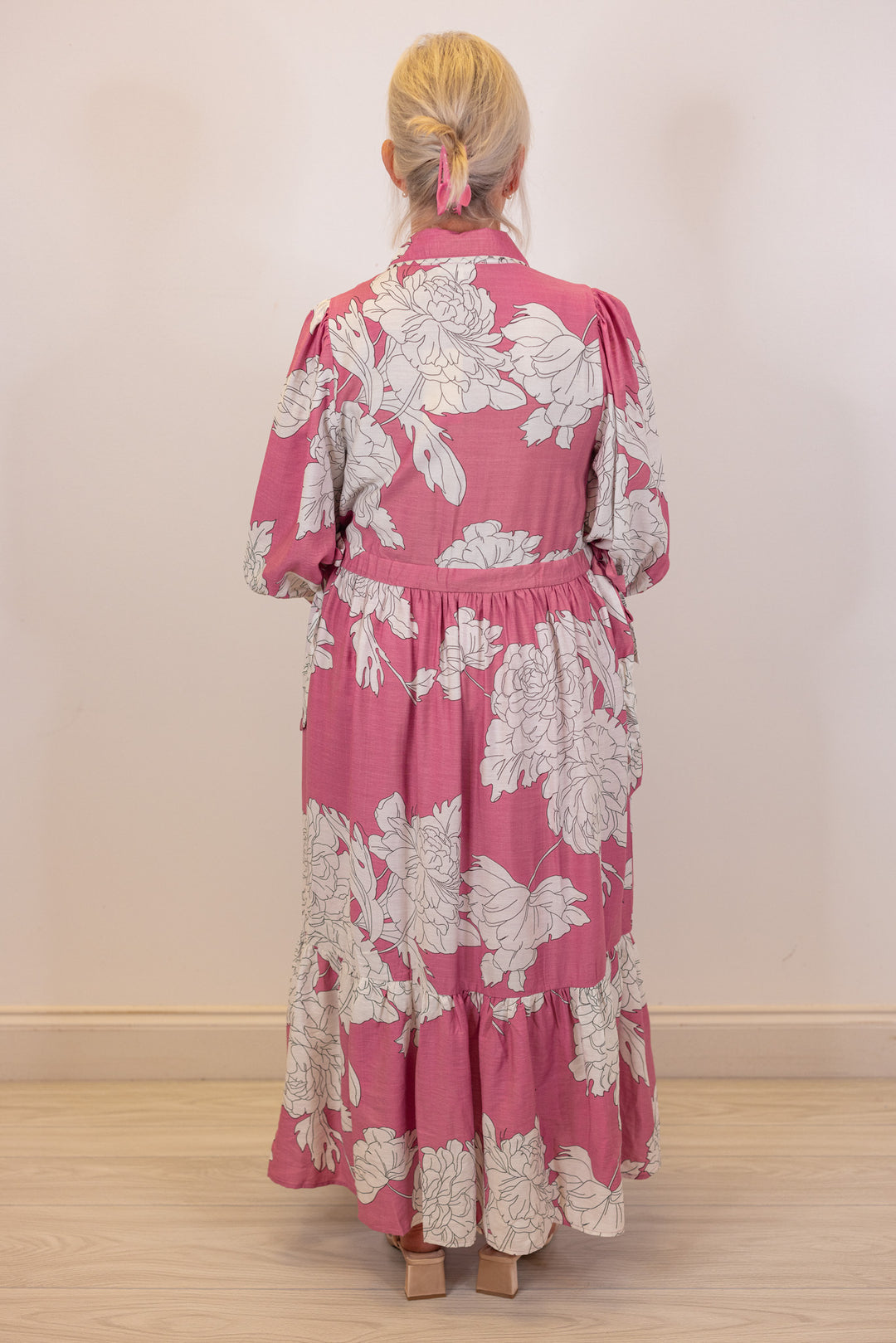 pink white floral collared midi dress