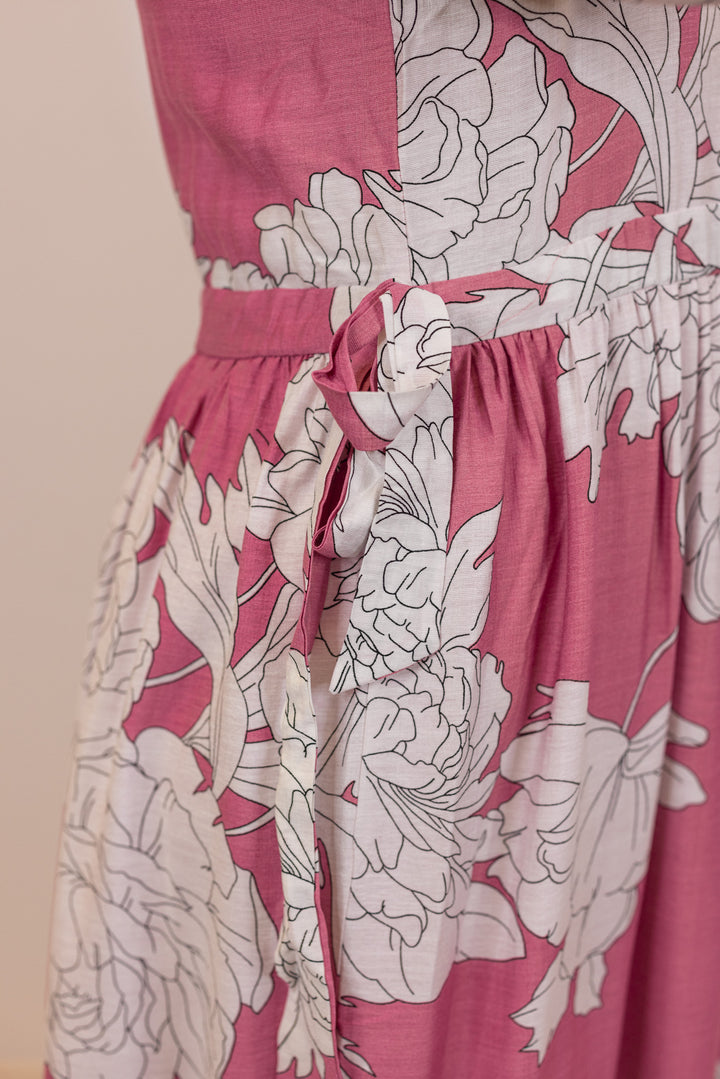 pink white floral collared midi dress