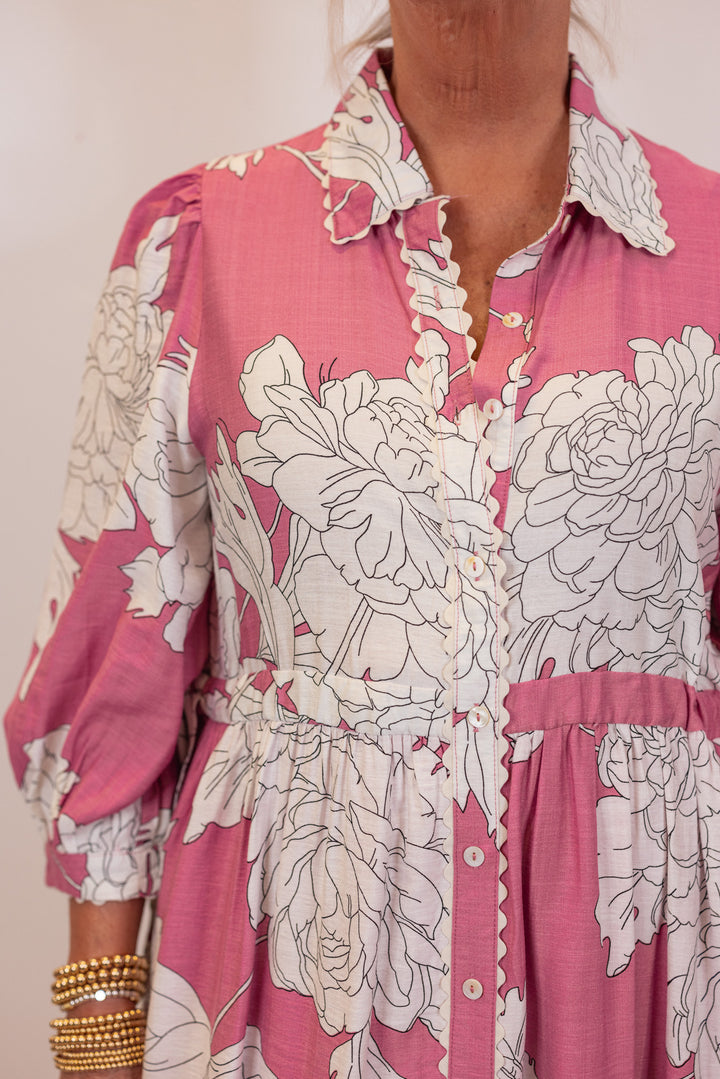 pink white floral collared midi dress