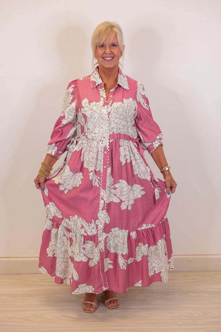 pink white floral collared midi dress