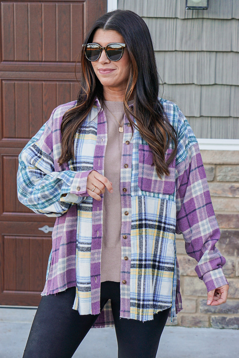 purple plaid flannel shirt