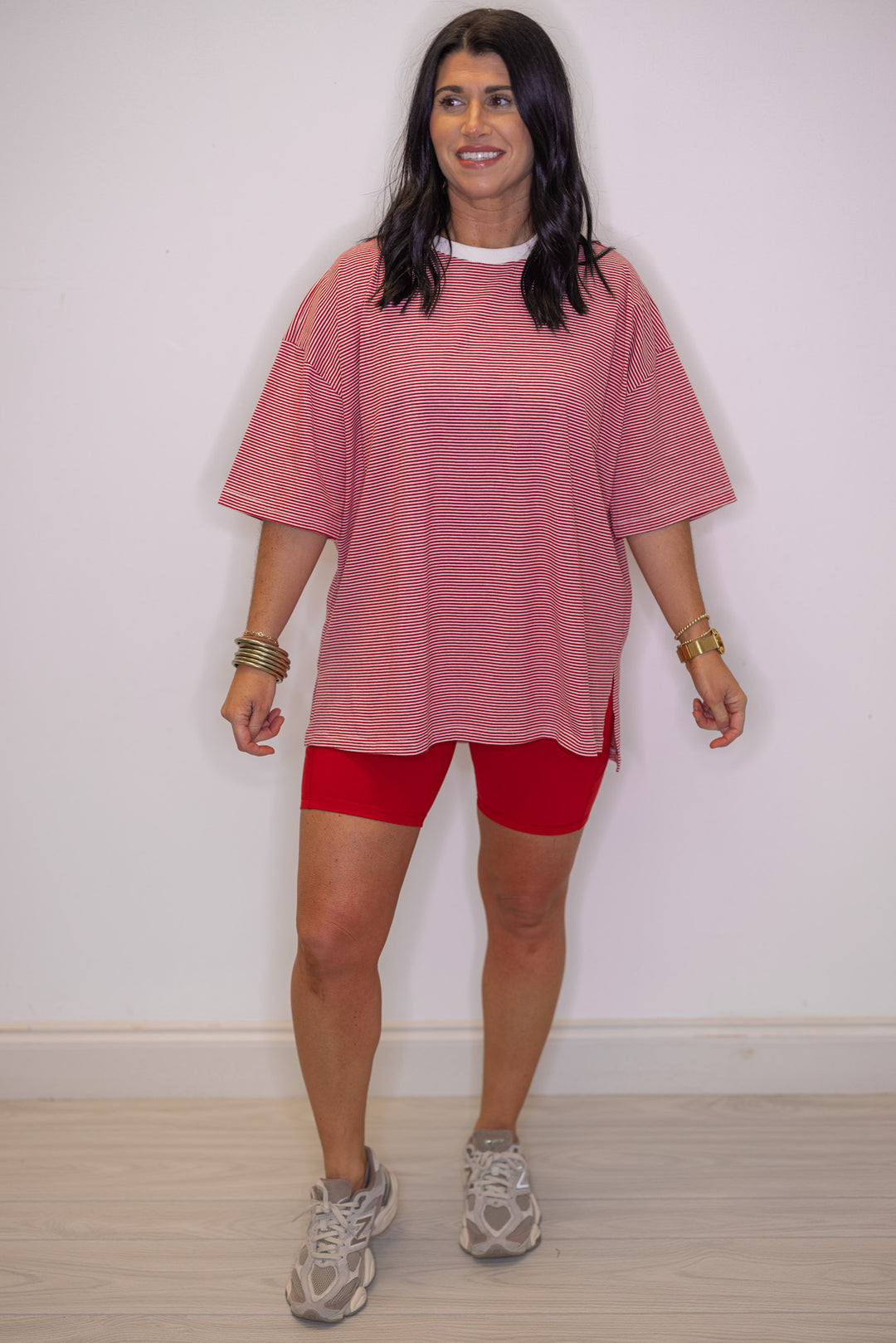 Women's red biker shorts with side pockets by Rae Mode