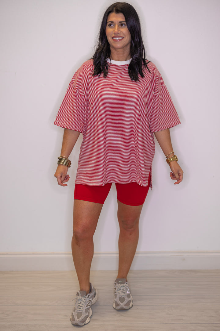 Women's red biker shorts with side pockets by Rae Mode