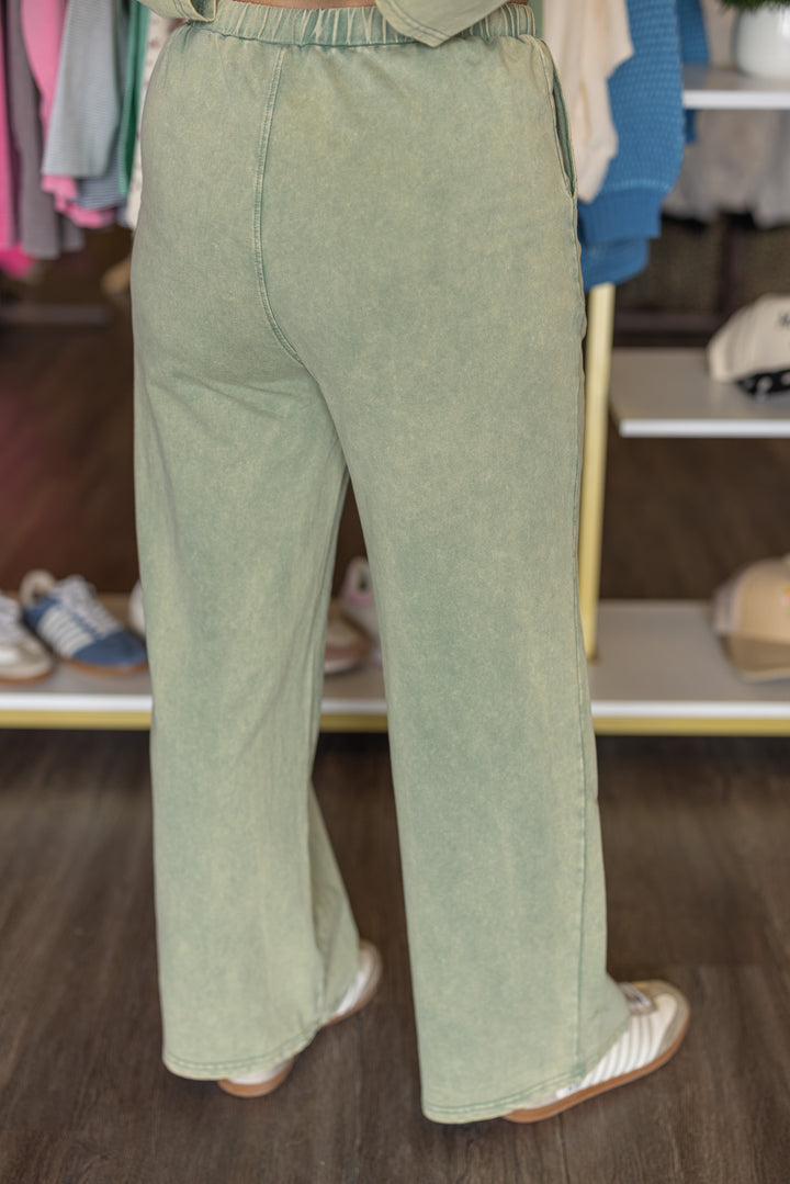 Women's mineral washed sage green knit wide leg pants and long sleeve top set by Very J showing up close back view of pants