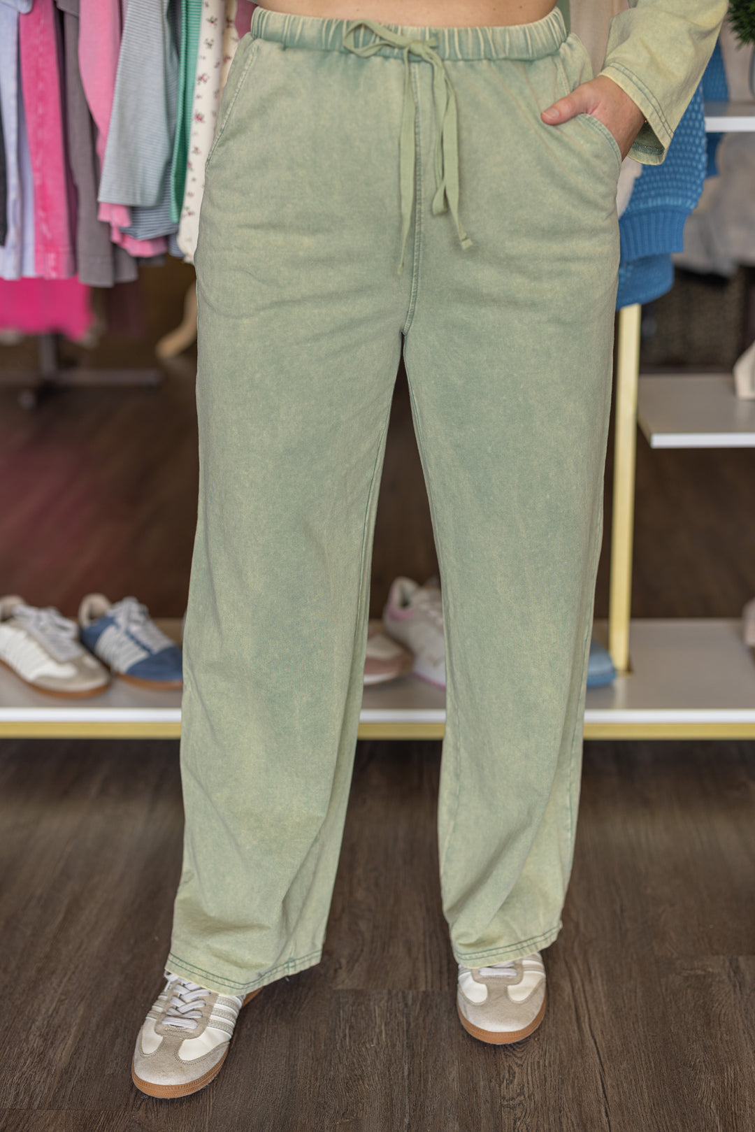 Women's mineral washed sage green knit wide leg pants and long sleeve top set by Very J showing up close front view of pants