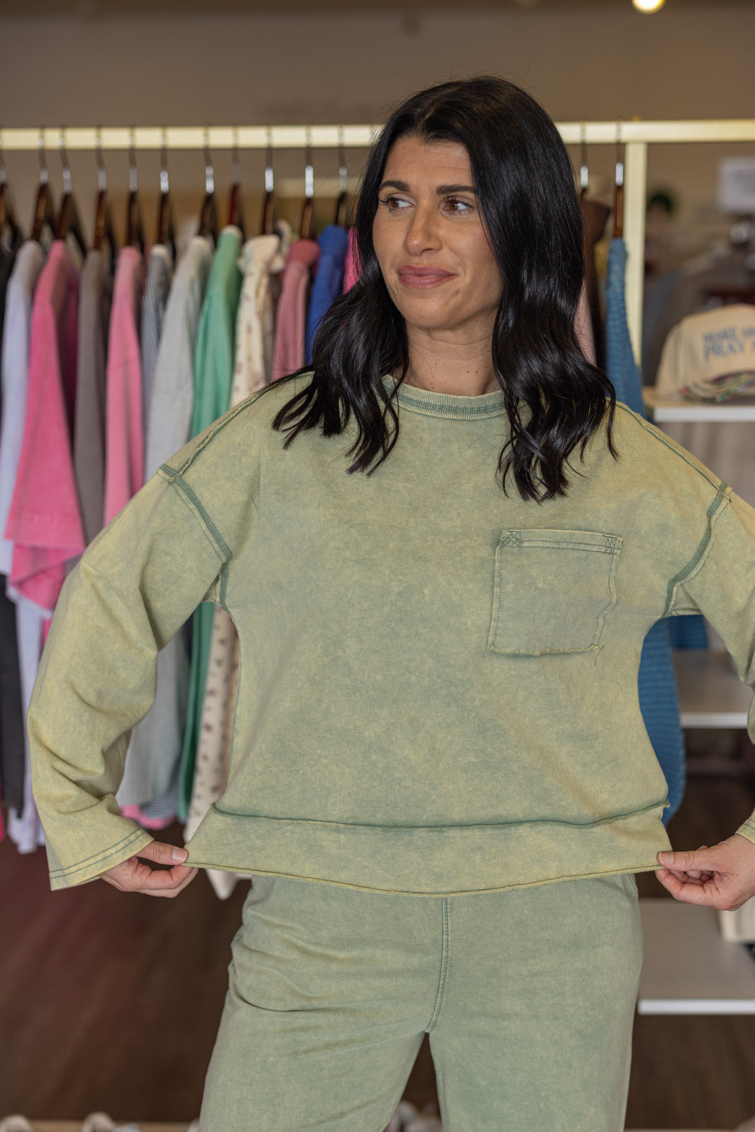 Women's mineral washed sage green knit wide leg pants and long sleeve top set by Very J showing relaxed fit of top