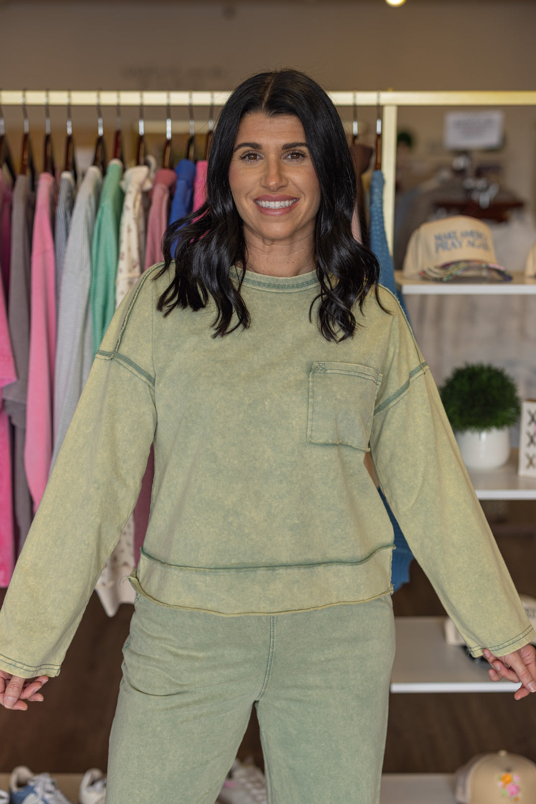 Women's mineral washed sage green knit wide leg pants and long sleeve top set by Very J showing up close front view of top