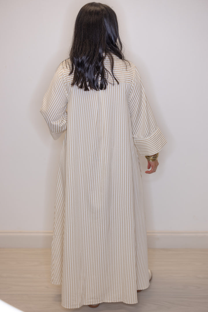 Women's striped light beige maxi dress by Entro showing full back view