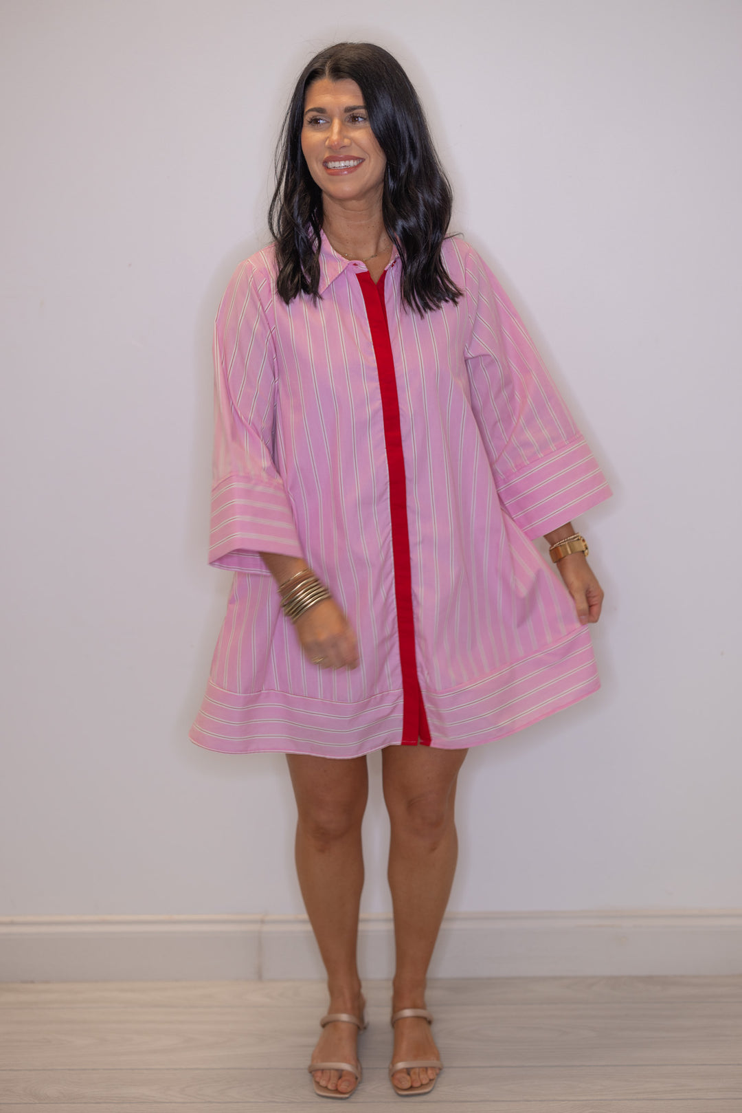 Women's pink and white striped dress with hot pink center trim by Entro