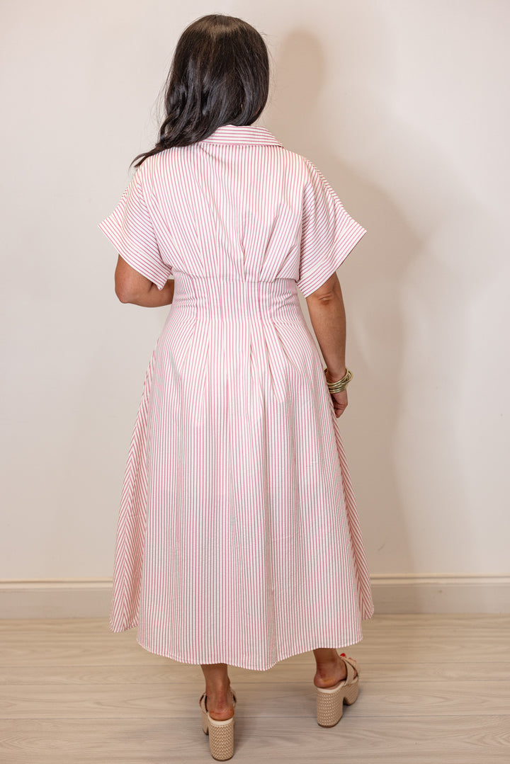 pink stripe pin tuck midi dress