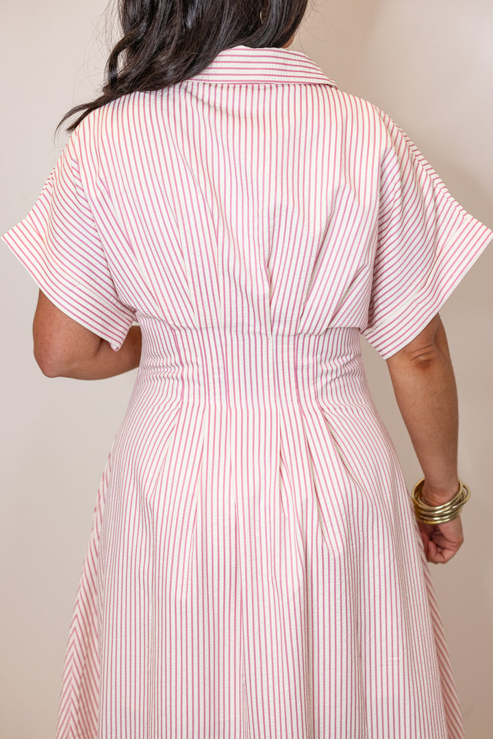 pink stripe pin tuck midi dress