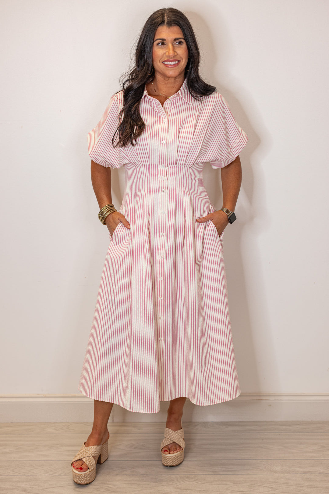 pink stripe pin tuck midi dress