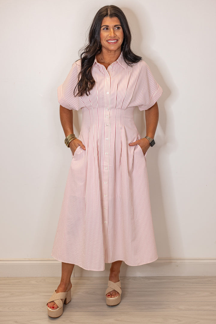 pink stripe pin tuck midi dress