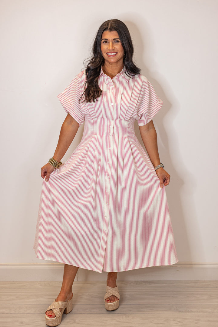 pink stripe pin tuck midi dress
