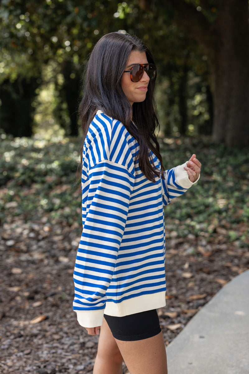 blue stripe crew neck pullover