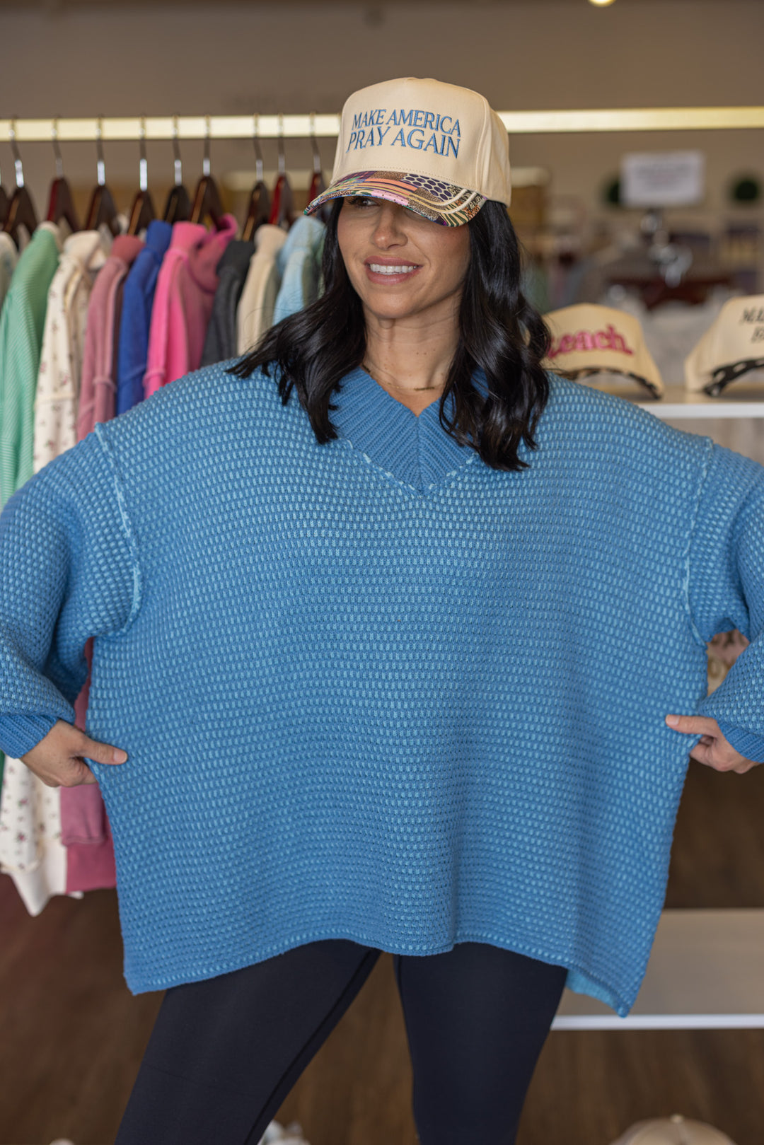 Women's blue two toned textured v neck oversized sweater by So Me showing oversized fit