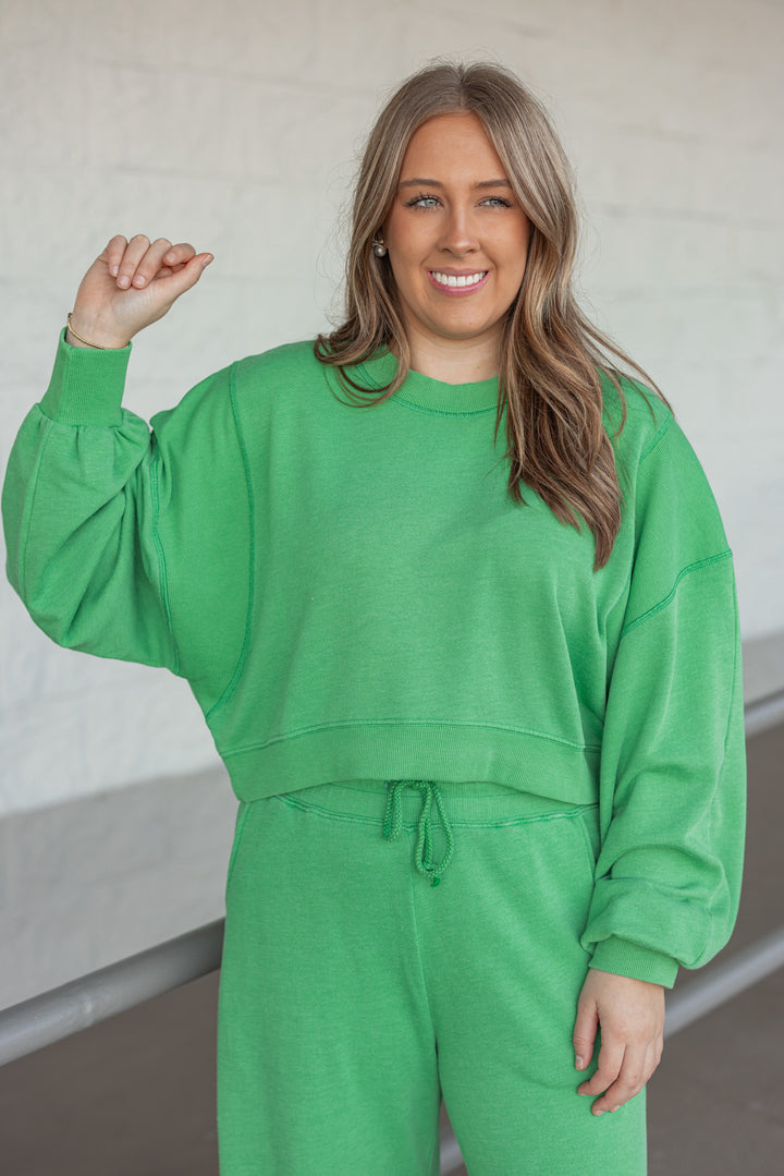 green terry knit cropped pullover top