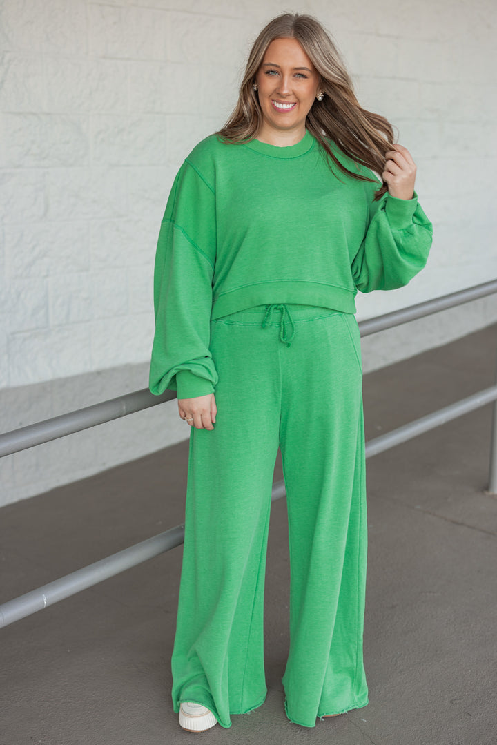 women's green wide leg lounge pants with matching top