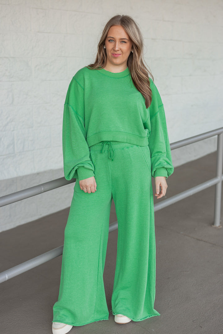 women's green wide leg lounge pants matching set