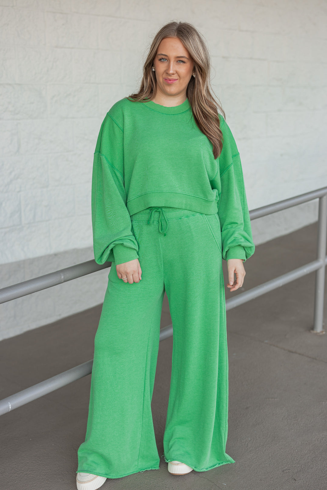 green terry knit cropped lounge pullover 