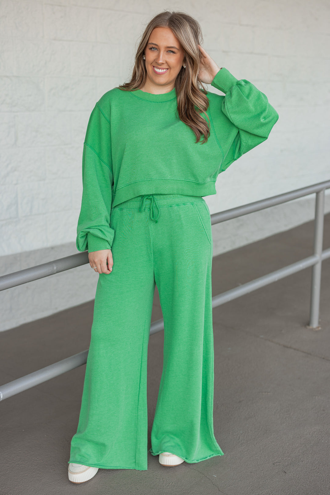 women's green wide leg lounge pants with matching pullover top