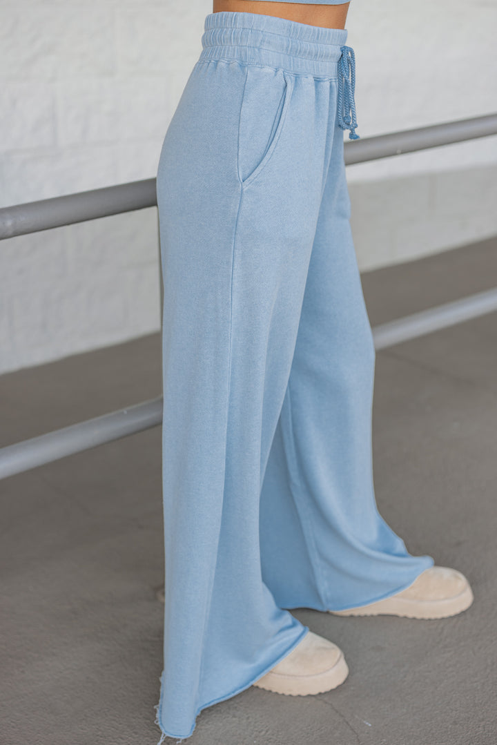 light blue terry knit wide leg lounge pant side view