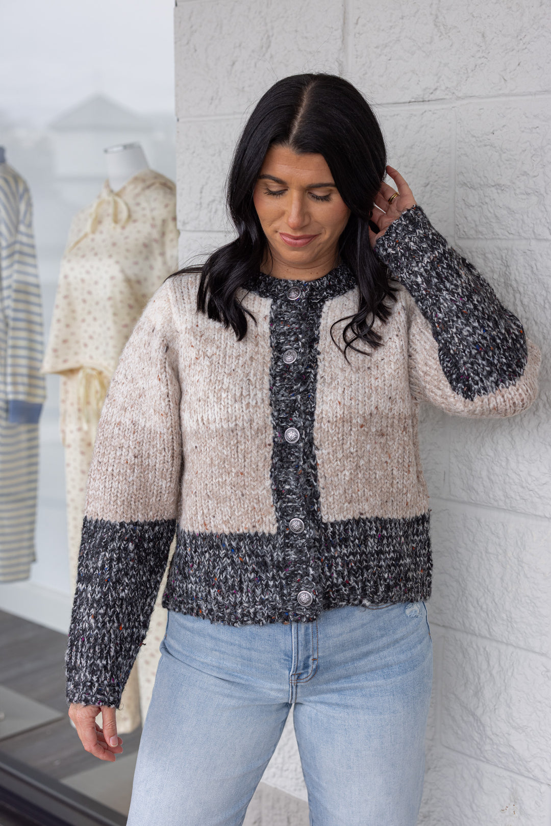 Women's multicolor taupe wide stripe button front sweater with charcoal trim by So Me