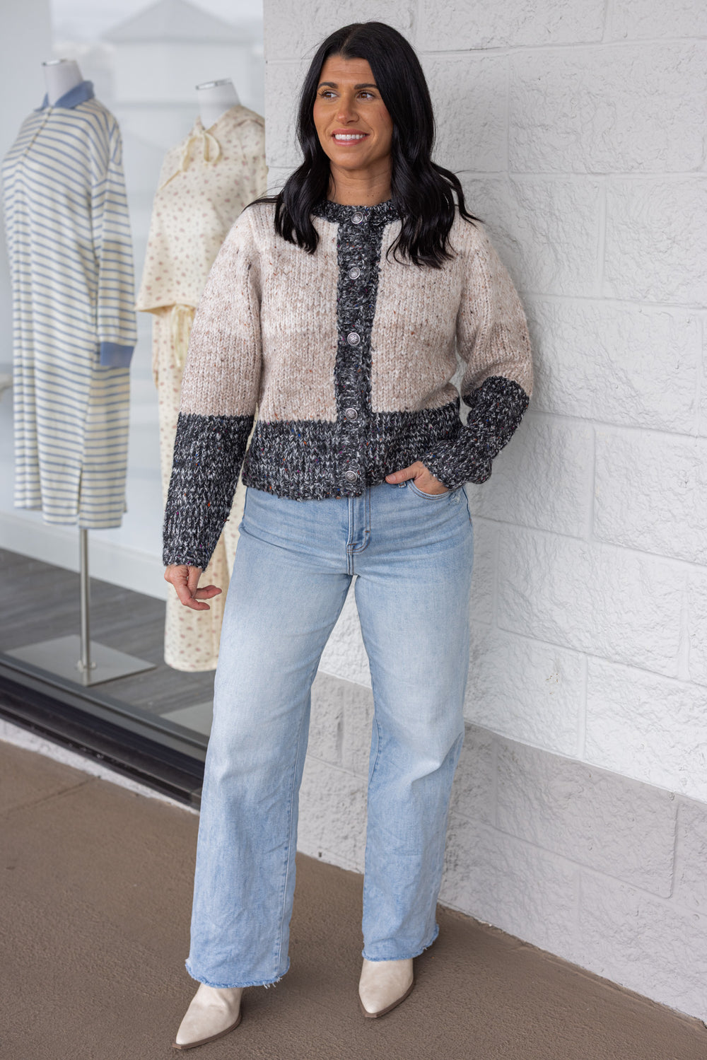 Women's multicolor taupe wide stripe button front sweater with charcoal trim by So Me showing full front view