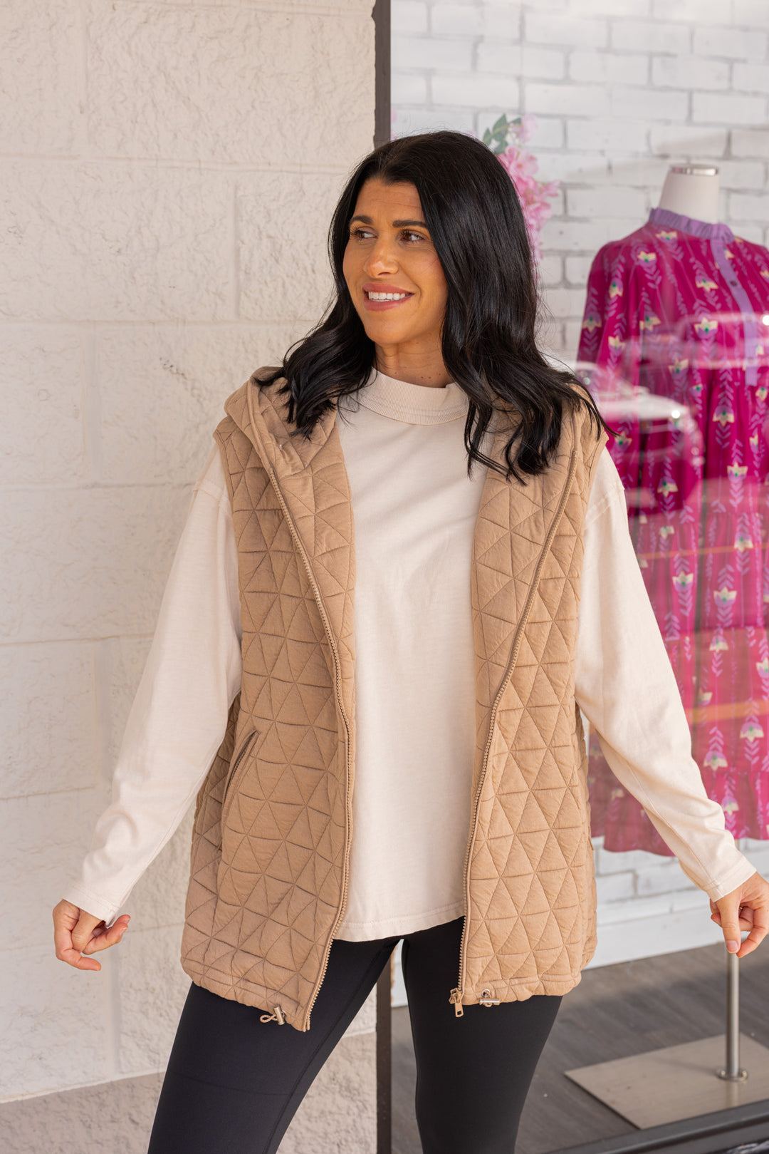 Women's taupe quilted knit puffer vest with hood and cinch hem by She + Sky