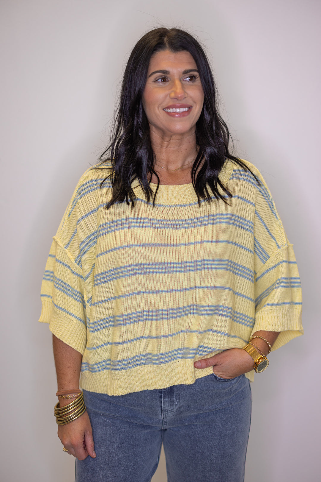 Women's lemon yellow sweater knit top with light blue stripes