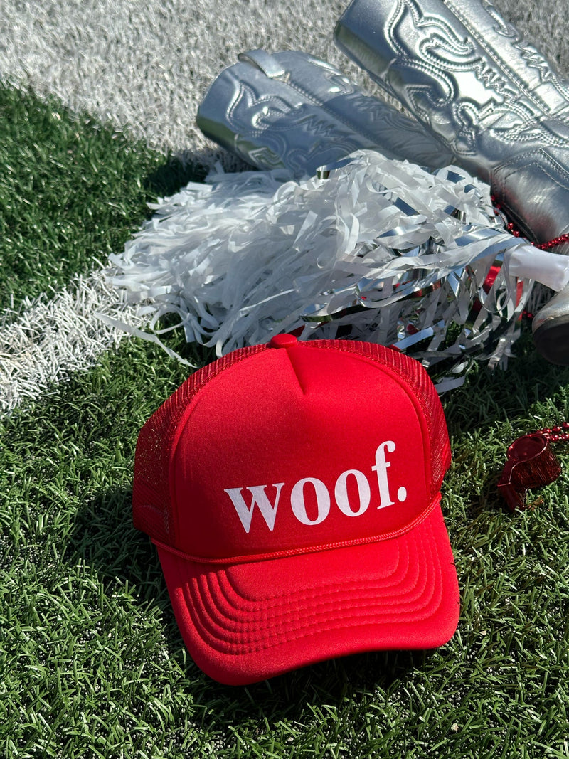 woof red trucker hat