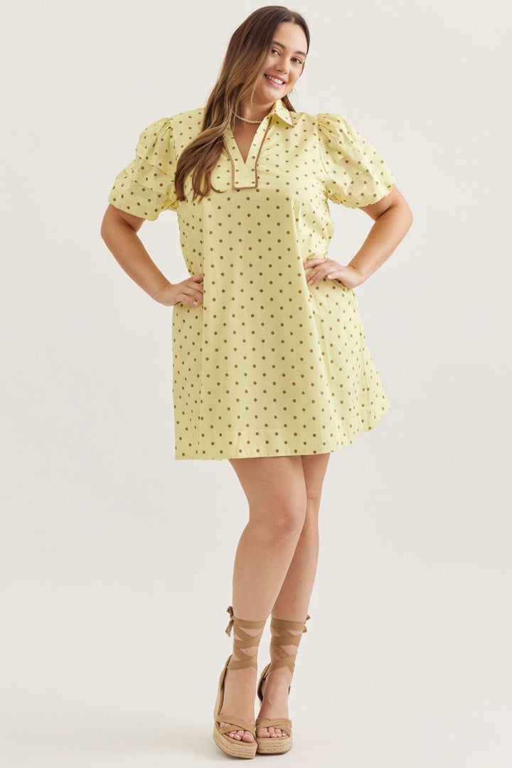 Entro lemon drop yellow plus size dress with brown polka dot print and cinch waist