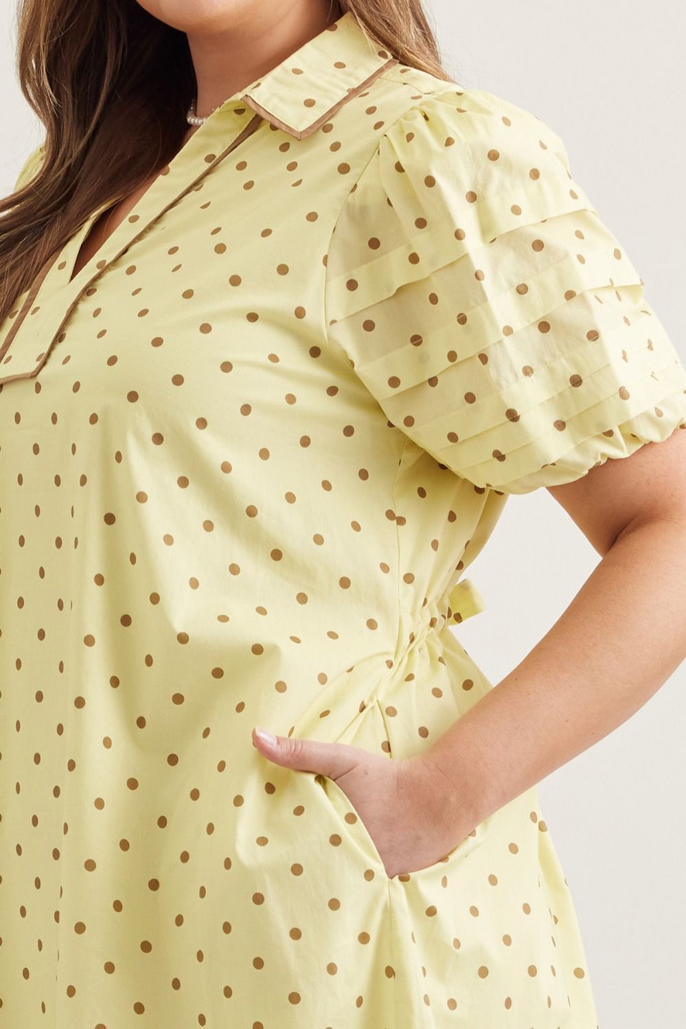 Entro lemon drop yellow plus size dress with brown polka dot print and ruched puff sleeves