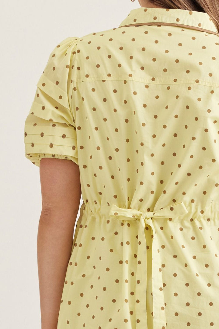 Entro lemon drop yellow plus size dress with brown polka dot print and self tie drawstring cinch waist in back