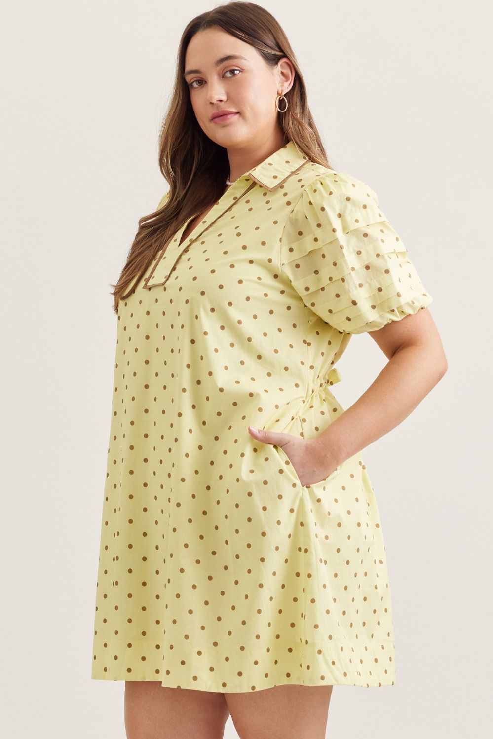 Entro lemon drop yellow plus size dress with brown polka dot print, a cinch waist and side pockets