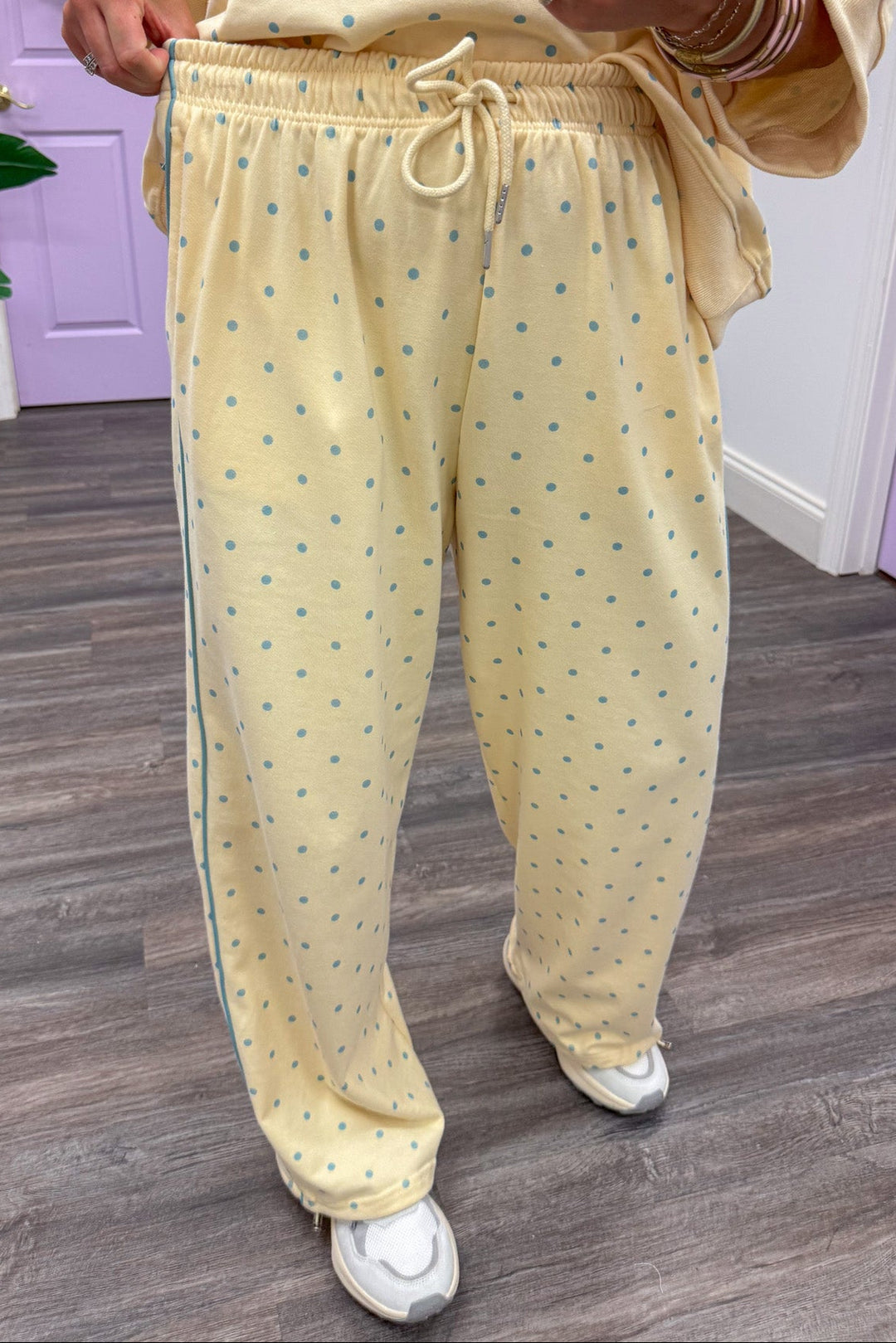 washed butter yellow with light blue polka dots elastic waist wide leg knit jogger pants