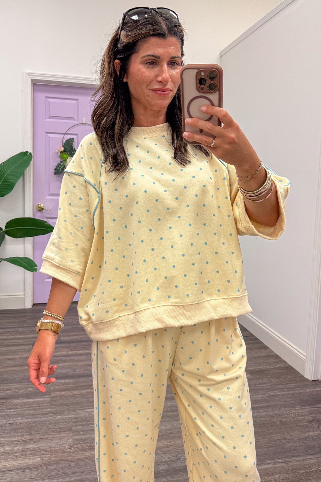 washed butter yellow with light blue polka dots short sleeve terry knit top