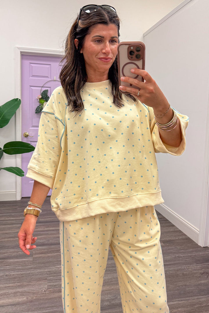 washed butter yellow with light blue polka dots short sleeve terry knit top