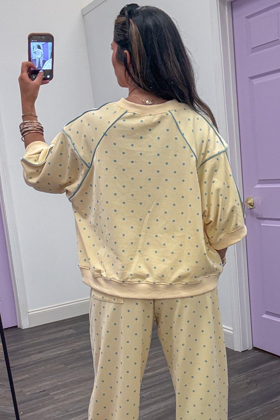 washed butter yellow with light blue polka dots short sleeve terry knit top with piping details