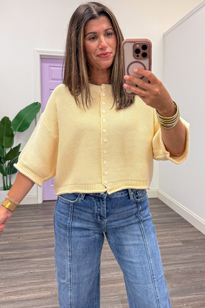 solid butter yellow half sleeve button front textured knit cardigan top