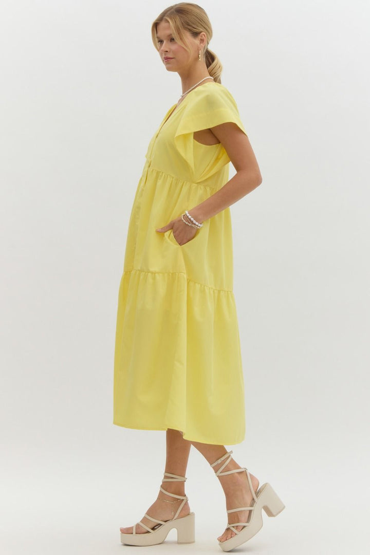 Entro Yellow button front tiered midi dress with short flutter sleeves