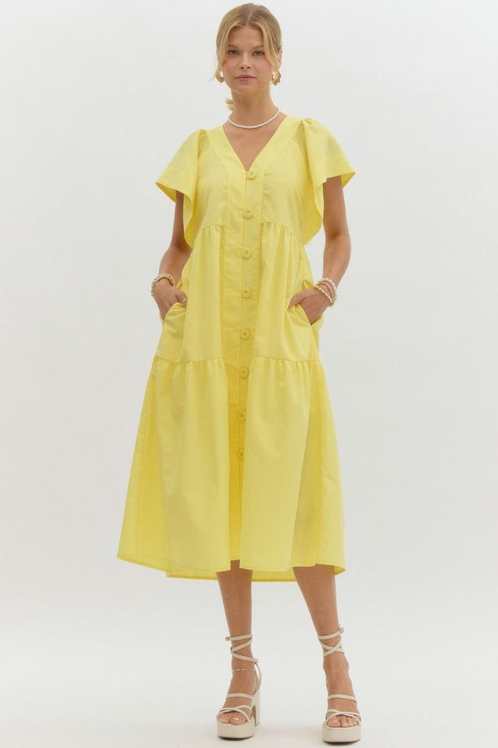 Entro Yellow button front tiered midi dress with short flutter sleeves