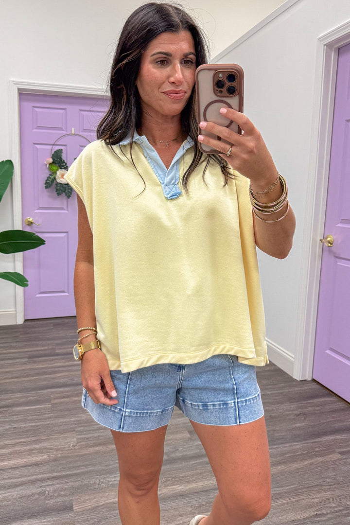 butter yellow with light blue trim details cap sleeve collared terry knit top