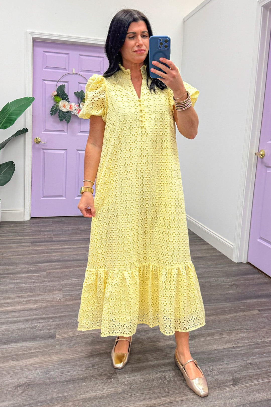 Pale yellow embroidered eyelet detail maxi dress