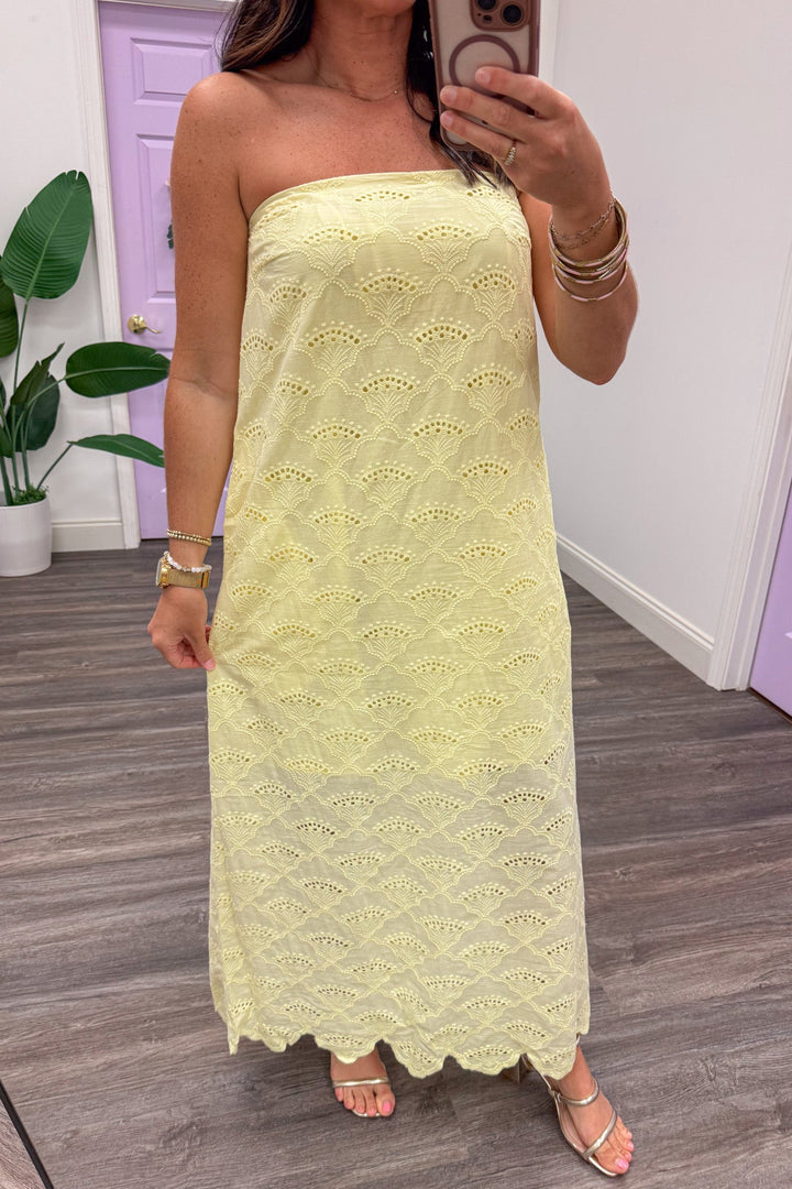 lemon yellow embroidered eyelet detail strapless scalloped bottom hem midi dress